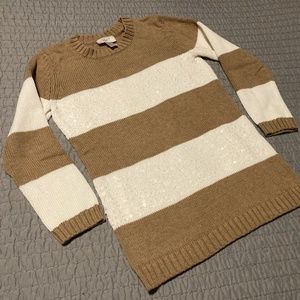 Loft Tan and White Sequin Stripe Cotton Sweater, Size XS